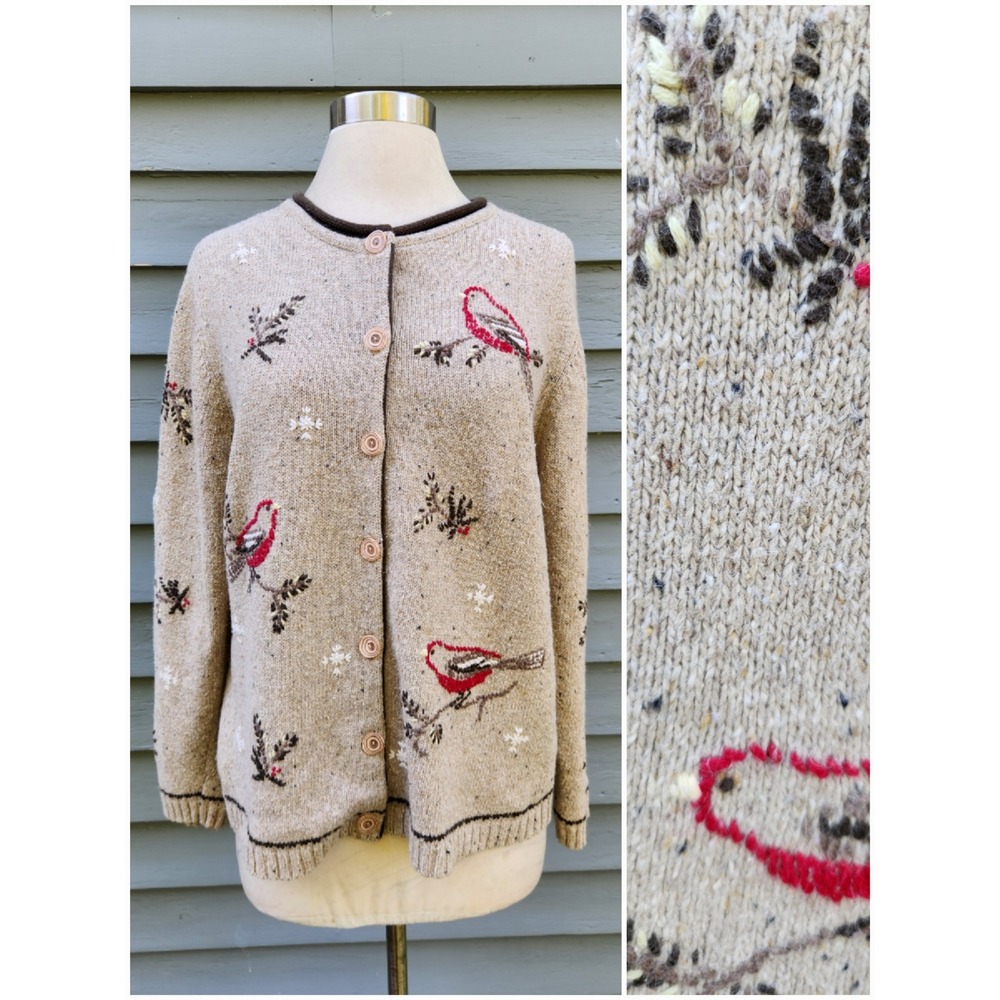 Vintage Y2K Christopher & Banks Cardigan Oatmeal Cardinal Hand Embroidered Large